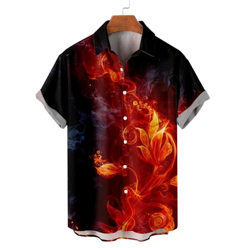 2023 Модная Мужская Гавайская рубашка с принтом в виде огненного цветка, Уличный Топ с коротким рукавом, Свободная пляжная рубашка для мужчин, Плюс Размер 4XL