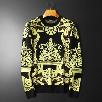 2024 Осенний Мужской Пуловер в стиле барокко с длинным рукавом, Приталенный Свитер с принтом, черное Золото, Светская рубашка, Уличная одежда