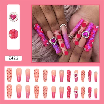 24шт Градиентные розовые искусственные ногти с клеем, накладные ногти с узорами, стразы, Съемный Балетный пресс на накладных ногтях