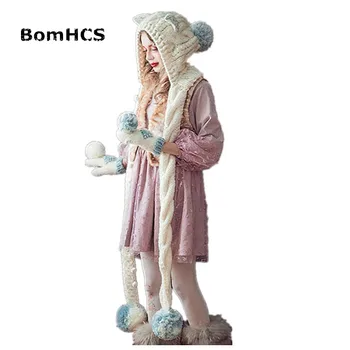 BomHCS Милая шапочка с кошачьими ушками, шарф и перчатки (костюм из 2 предметов), Зимние теплые шапки ручной работы, толстая вязаная шапка, Рождественский подарок