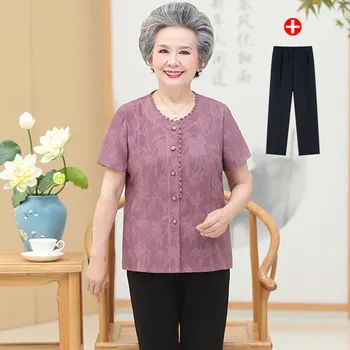 Fdfklak/Летняя одежда для мамы среднего возраста, Комплект из двух предметов, Рубашка с короткими рукавами для бабушки, Брючный Костюм, Женская одежда L-5XL