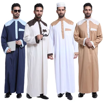 Nieuwe Moslim Marokkaanse Lange Mouwen Islamitische Mannen Splicing Effen Kleur Gewaad Arabische Kaftan Saudi Dubai Kleding