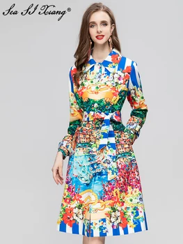 Seasixiang Модный осенний тренч Сицилии, женский длинный рукав, однобортные карманы, Винтажные платья на шнуровке с цветочным принтом