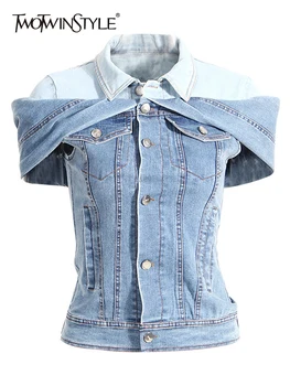 TWOTWINSTYLE, минималистичные джинсовые куртки для женщин, однобортный свободный жакет в стиле пэчворк с длинным рукавом и лацканами, женская модная одежда