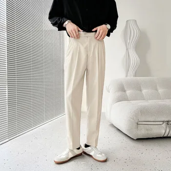 Бежевый Черный Костюм, Брюки, Мужские Облегающие Модные социальные мужские Брюки, Корейские Свободные Повседневные прямые брюки, Мужские официальные брюки S-XL