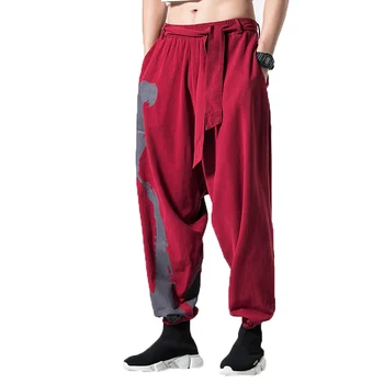 Весенние Мужские Льняные хлопчатобумажные брюки в китайском стиле, широкие брюки, Мужские шаровары, Панталоны для бега трусцой, уличная одежда в стиле хип-хоп, кросс-брюки