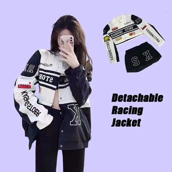 Весенняя Съемная Мотоциклетная гоночная куртка с Разделительной юбкой, Женское Винтажное осеннее пальто в корейском стиле Y2K Harajuku, Одежда