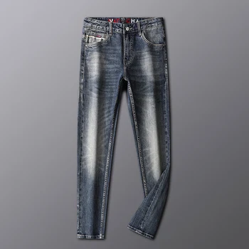 Европейские Винтажные модные мужские джинсы Высокого Качества в стиле ретро, Синие эластичные дизайнерские джинсы с вышивкой, мужские повседневные джинсовые брюки