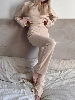 Женский повседневный свитер в рубчик с длинным рукавом и брюки для бега, комплект для отдыха - Уютная одежда для отдыха из 2 предметов на весну