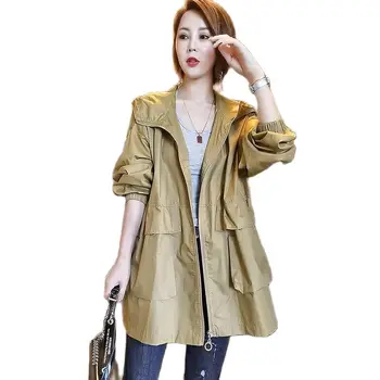 Женский тренч из 100% хлопка средней длины, Весенне-осенняя новая корейская версия, Свободная Повседневная куртка с капюшоном и карманами, Женская куртка