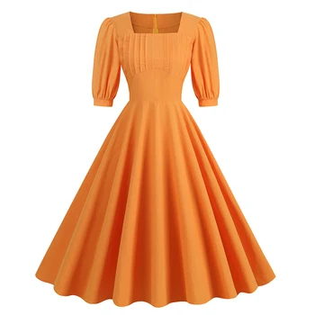 Женское летнее модное платье с коротким рукавом и квадратным воротником, вечернее платье трапециевидной формы с высокой талией, повседневное платье в стиле рокабилли, пин-ап