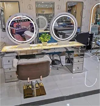 Зеркальный столик для парикмахерской с двусторонней светодиодной подсветкой, зеркало с переменным цветом, столешница из искусственного мрамора, окантовка из нержавеющей стали