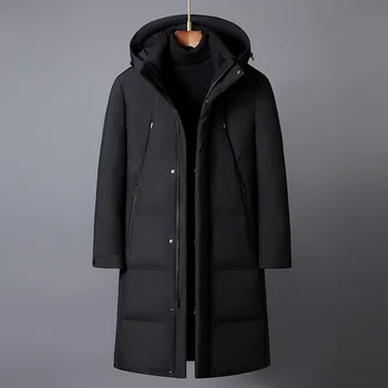 Зимние пуховики для мужчин, бренд 2023, Новинка, высококачественное длинное пальто из белой утки, мужское пальто с капюшоном, толстые теплые черные парки