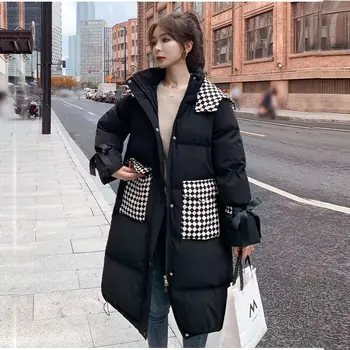 Зимняя новая пуховая куртка с хлопковой подкладкой в клетку в клетку, женская куртка средней и длинной черной расцветки, универсальное Свободное тонкое и толстое пальто
