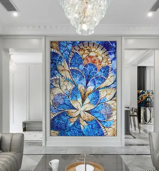 Изготовленный на заказ дизайн настенной росписи мозаичной плитки из художественного стекла с синим цветком для реалистичного украшения стен