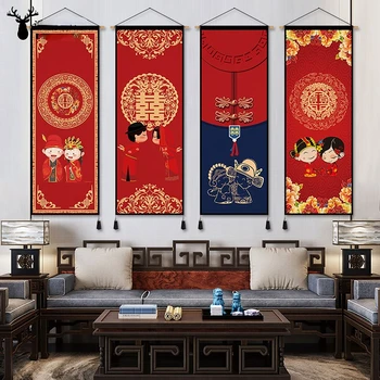 Китайский Стиль Прокрутки Настенных Картин Красный Декор Комнаты Эстетическая Гостиная Любовника Украшение Свадебной Комнаты Гобелен Настенное Искусство Картина
