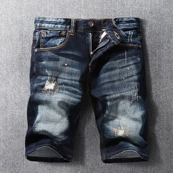 Летние Модные дизайнерские мужские джинсы в стиле Ретро, черные, синие, с вышивкой, Эластичные Короткие рваные Джинсы, заплатанные Винтажные повседневные джинсовые шорты, мужские