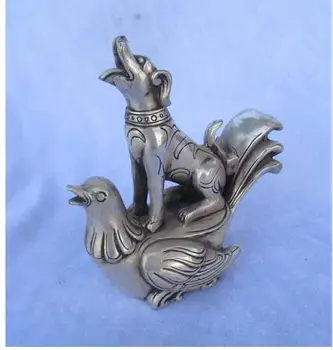 Медная Латунная Домашняя Коллекционная тибетская серебряная статуя птицы верхом на собаке/народное искусство Скульптура ремесла украшения