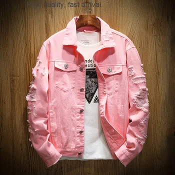 Модная ковбойская брендовая куртка, мужские рваные комбинезоны большого размера, розовый топ в японском стиле в стиле ретро, мужские куртки
