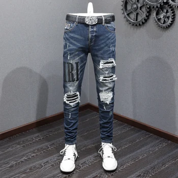 Модные мужские джинсы в стиле Ретро, темно-синие, стрейчевые, облегающие, рваные джинсы, Черные кожаные дизайнерские брюки в стиле хип-хоп с заплатками