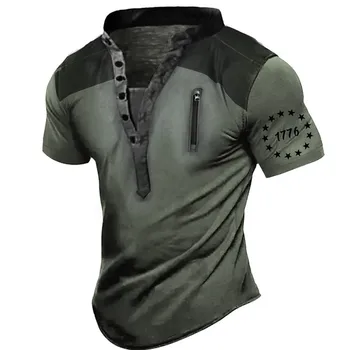 Новая мужская винтажная футболка в стиле милитари, рубашка Генри, Одежда со стоячим воротником, 3D печать, Спорт на открытом воздухе, модный топ с коротким рукавом