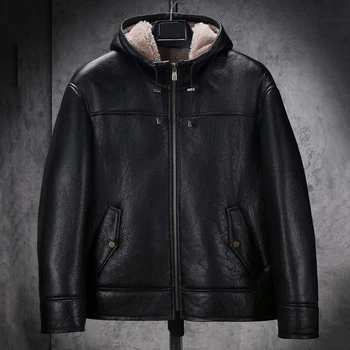 Новая мужская Черная куртка из Овчины, Короткая Мотоциклетная куртка, Утепленная Шуба С капюшоном, Кожаная куртка из овчины