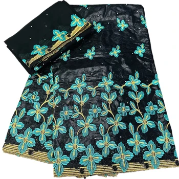 Новейшая черная кружевная ткань Bazin с Кружевной блузкой из тюля, Хлопковая ткань для вечеринки в африканском стиле, 5 + 2 ярда/ШТ