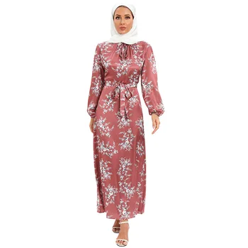 Новое Длинное платье из Марокко, мусульманские женские атласные Длинные Абайи с цветочным принтом, Необычное платье Макси, абайи для женщин с шарфом