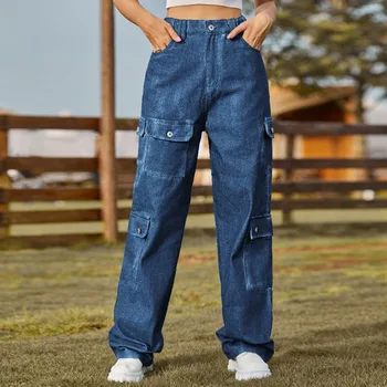 Новые выстиранные Полуэластичные повседневные брюки из денима с индивидуальным дизайном, Женская одежда, однотонные прямые джинсы-карго с множеством карманов