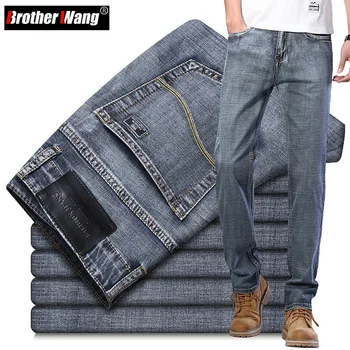 Новые мужские джинсы Классического стиля, деловые повседневные джинсовые брюки повышенной эластичности обычного кроя, серо-синие Брюки Мужские