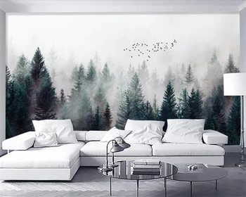 Обои на заказ, современный туманный лес, облако, летящая птица, скандинавский ТВ-фон, 3D гостиная, спальня, черно-белые 3D обои