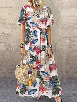 Осеннее женское длинное платье с принтом 2023 Года, Свободные повседневные платья с Круглым вырезом и коротким рукавом, Женская богемная пляжная одежда, Женская