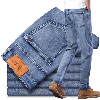 Осень 2021, Мужские джинсы-стрейч из плотной хлопчатобумажной ткани, Брендовые джинсы свободного кроя, Мужские Повседневные Классические Прямые Свободные Джинсы, мужской деним