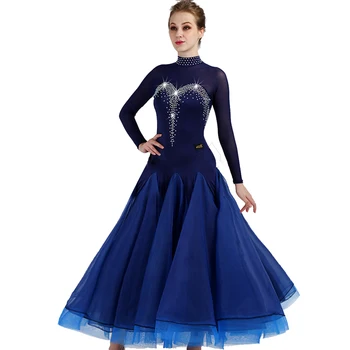 Платья для бальных танцев с длинным рукавом, стандартные танцевальные платья, стразы, Женское Сценическое бальное платье для вальса, синий, черный MQ049