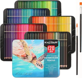 Профессиональные акварельные карандаши, Набор из 120 цветов, с двумя кистями, Пронумерованные и Светостойкие, Наборы водорастворимых цветных карандашей