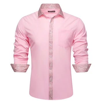 Роскошные Рубашки с длинным рукавом для мужчин, Шелк, Розовая однотонная нашивка, приталенные мужские блузки, повседневная официальная вечеринка с отложным воротником, Barry Wang