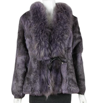 Сексуальное Меховое пальто, женская куртка из кроличьего меха, пальто из натурального меха для женщин, зима-осень, с большим воротником из енота, верхняя одежда Высокого качества