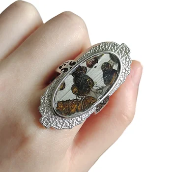 Серебряное кольцо Brenham Olive Meteorite Ring S925 с натуральным метеоритом, Материал Кольца, Образец Оливкового метеорита