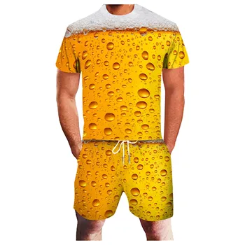 Трендовый мужской комплект футболок с Пивным 3D принтом, Летняя Повседневная футболка с круглым вырезом, Шорты, Комплект из 2 предметов, Модная Мужская одежда, Пуловер, Спортивный костюм