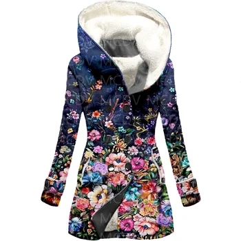 Флисовый плащ с капюшоном с цветочным 3D принтом, женское толстое теплое пальто, Женское зимнее теплое пальто 02