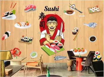 фотообои на заказ для самой продаваемой стены суши-ресторана в японском стиле, декор деревянной доской, фотообои на стену