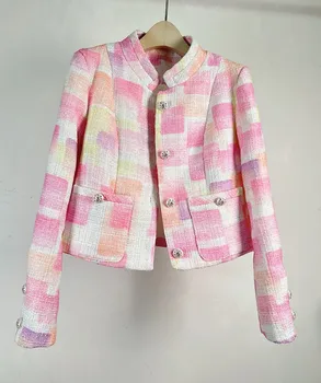 Французский темперамент, разноцветный клетчатый твидовый пиджак, пальто 2023, Высококачественная модная однобортная шерстяная смешанная Повседневная верхняя одежда