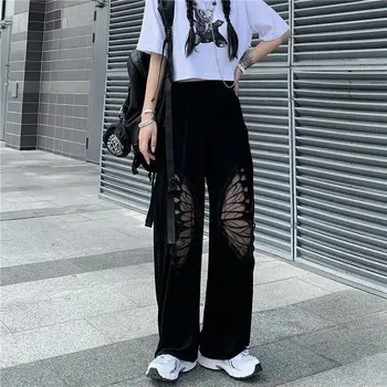 Черные Брюки с полой вышивкой и рисунком бабочки, Винтажная женская Уличная одежда в стиле хип-хоп, Летние Свободные спортивные Модные Повседневные брюки